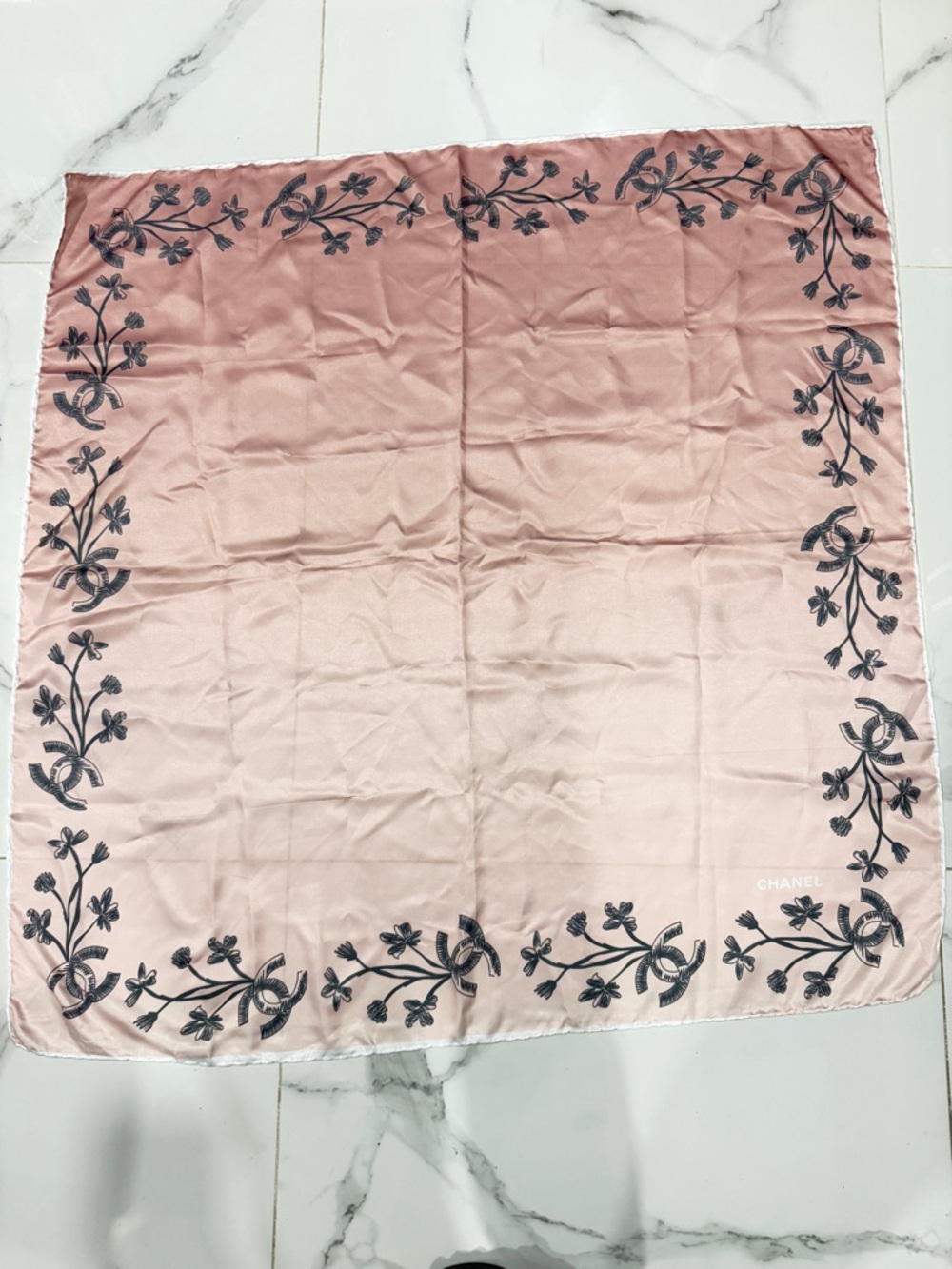 Chanel Authentic Pink Silk Logo Floral Silk CC Scarf